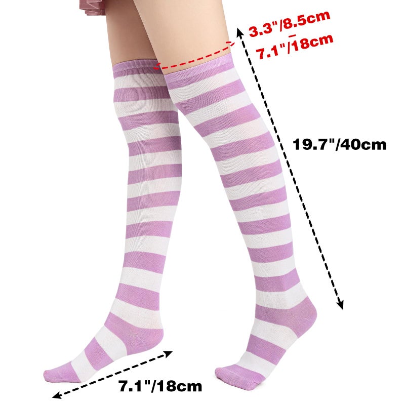 DAZCOS Striped Thigh High Socks Elastic Over The Knee Knit Stockings for Daily or Anime Cosplay (Purple+White) - Image 3